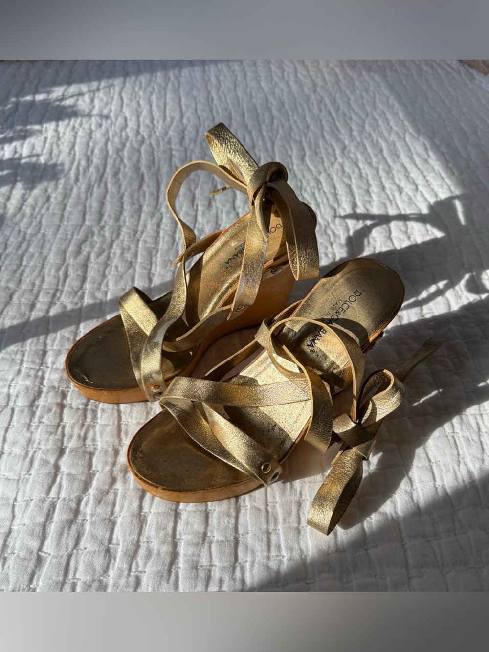 vintage Dolce & Gabbana Y2K wooden wedges Size EU 35 / US 5 metallic gold wrap - Picture 4 of 8